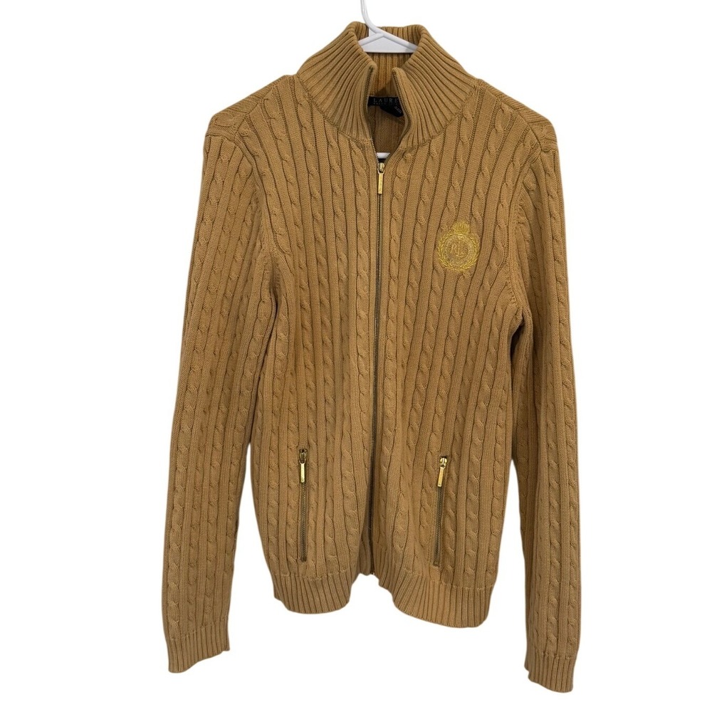 Lauren Ralph Lauren Womens Camel Cable Knit Full Zip Crest Cardigan Sweater L
